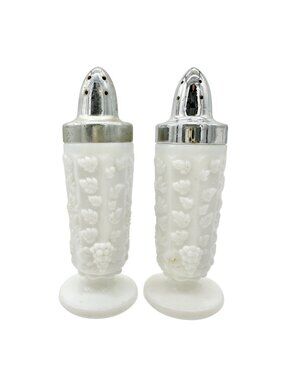 Vintage Milk Glass Salt and Pepper Shakers Grape Vine Design Chrome Lids Elegant